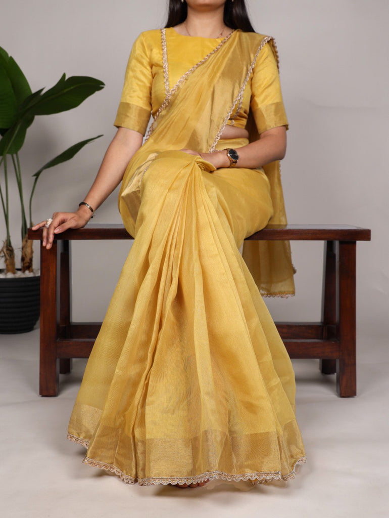 Mustard Mannat Silk Saree with Zari Weaving & Lace Border ClothsVilla