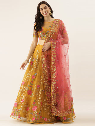 Mustard Net Semi stitched Coding, Sequins & Saroski Stone Work Lehenga Choli ClothsVilla