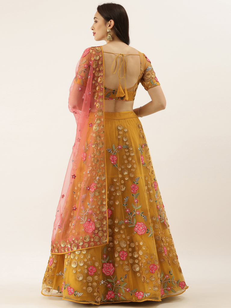 Mustard Net Semi stitched Coding, Sequins & Saroski Stone Work Lehenga Choli ClothsVilla