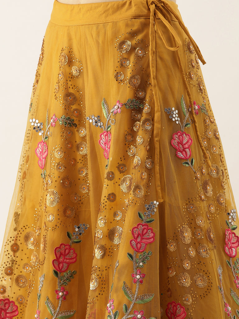 Mustard Net Semi stitched Coding, Sequins & Saroski Stone Work Lehenga Choli ClothsVilla