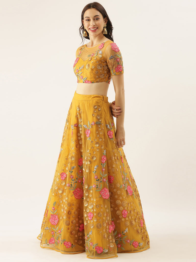 Mustard Net Semi stitched Coding, Sequins & Saroski Stone Work Lehenga Choli ClothsVilla