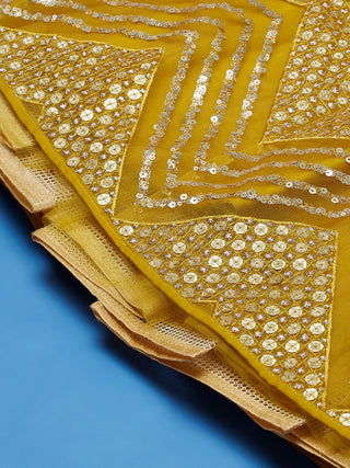 Mustard Net Sequinse Work Semi-Stitched Lehenga & Unstitched Blouse, Dupatta Clothsvilla