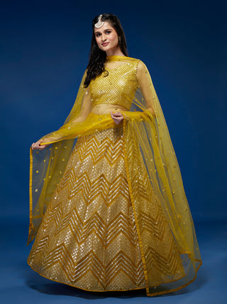 Mustard Net Sequinse Work Semi-Stitched Lehenga & Unstitched Blouse, Dupatta Clothsvilla