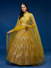 Load image into Gallery viewer, Mustard Net Sequinse Work Semi-Stitched Lehenga &amp; Unstitched Blouse, Dupatta Clothsvilla