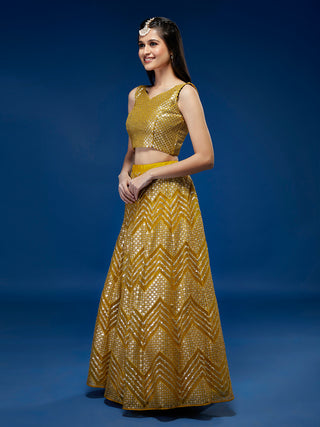 Mustard Net Sequinse Work Semi-Stitched Lehenga & Unstitched Blouse, Dupatta Clothsvilla