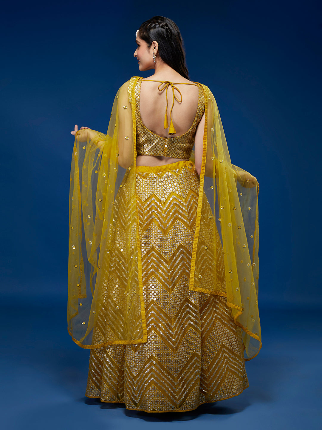 Mustard Net Sequinse Work Semi-Stitched Lehenga & Unstitched Blouse, Dupatta Clothsvilla