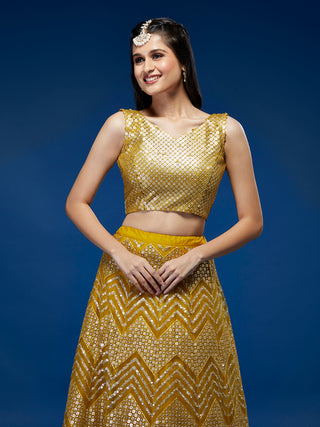 Mustard Net Sequinse Work Semi-Stitched Lehenga & Unstitched Blouse, Dupatta Clothsvilla