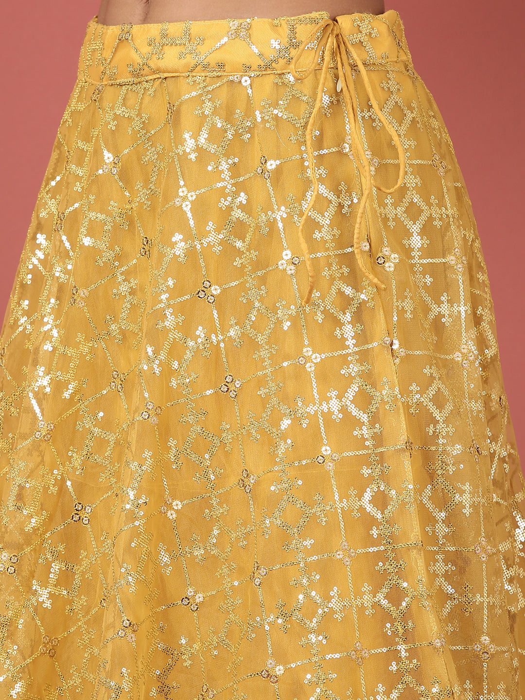 Mustard Net Sequinse Work Semi-Stitched Lehenga & Unstitched Blouse, Dupatta ClothsVilla