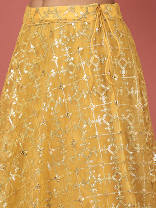 Mustard Net Sequinse Work Semi-Stitched Lehenga & Unstitched Blouse, Dupatta ClothsVilla