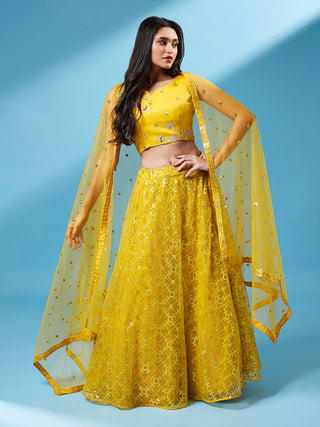 Mustard Net Sequinse Work Semi-Stitched Lehenga & Unstitched Blouse, Dupatta ClothsVilla