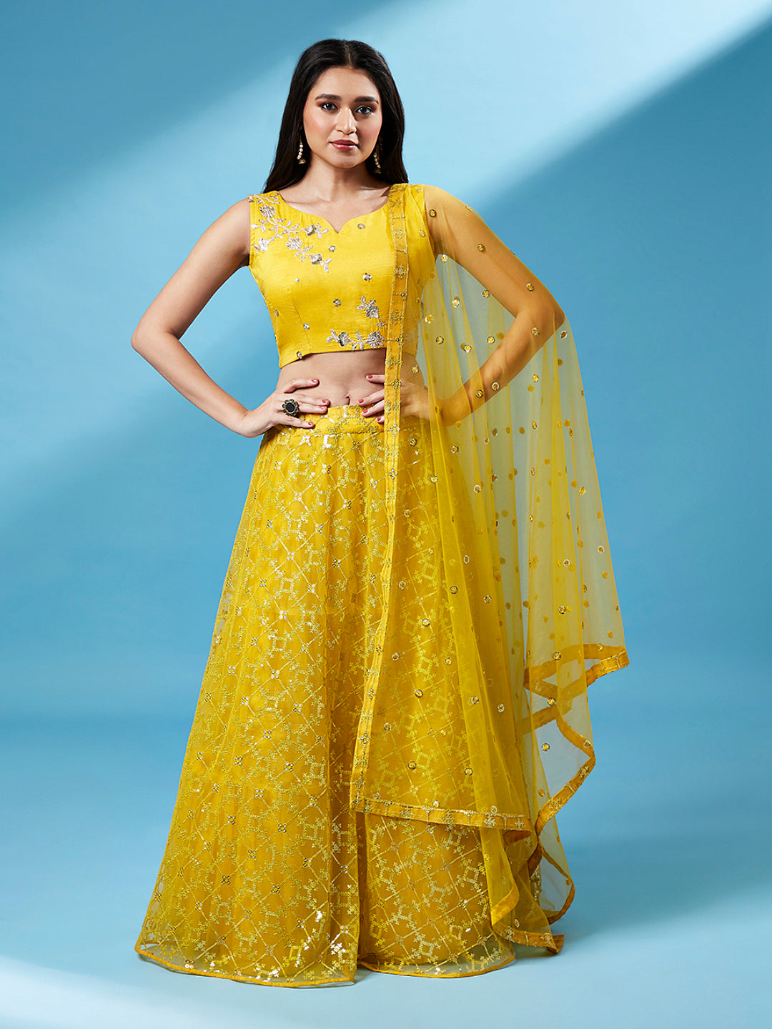 Mustard Net Sequinse Work Semi-Stitched Lehenga & Unstitched Blouse, Dupatta ClothsVilla