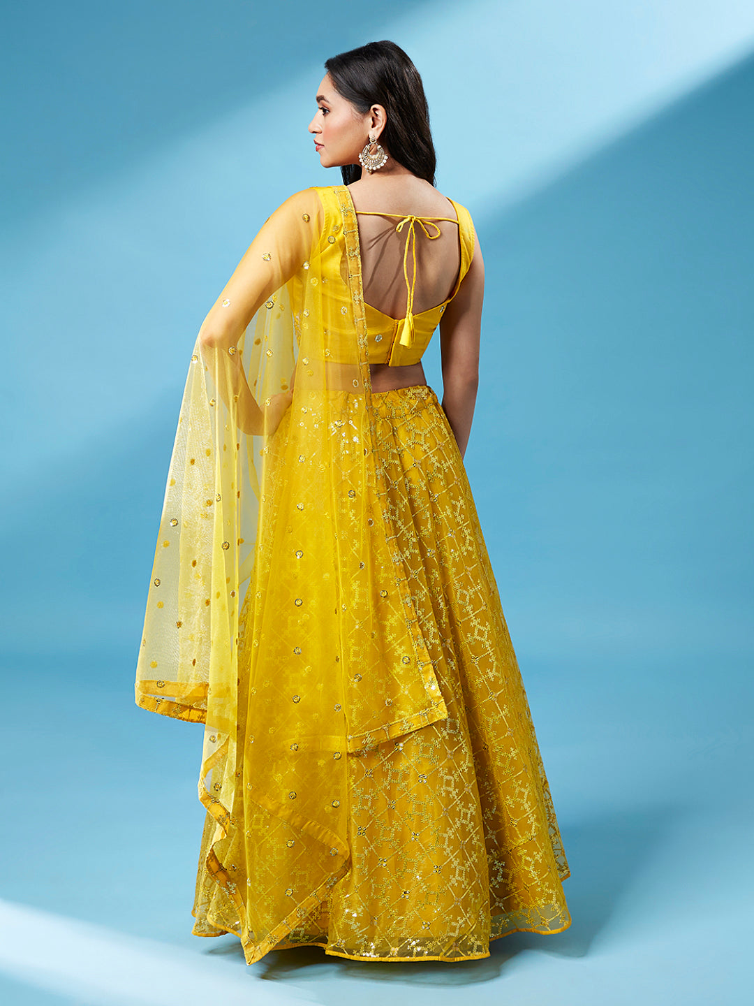 Mustard Net Sequinse Work Semi-Stitched Lehenga & Unstitched Blouse, Dupatta ClothsVilla