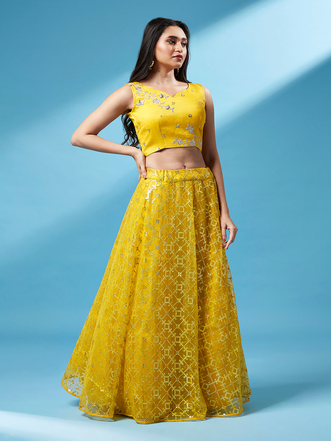 Mustard Net Sequinse Work Semi-Stitched Lehenga & Unstitched Blouse, Dupatta ClothsVilla