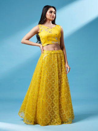 Mustard Net Sequinse Work Semi-Stitched Lehenga & Unstitched Blouse, Dupatta ClothsVilla