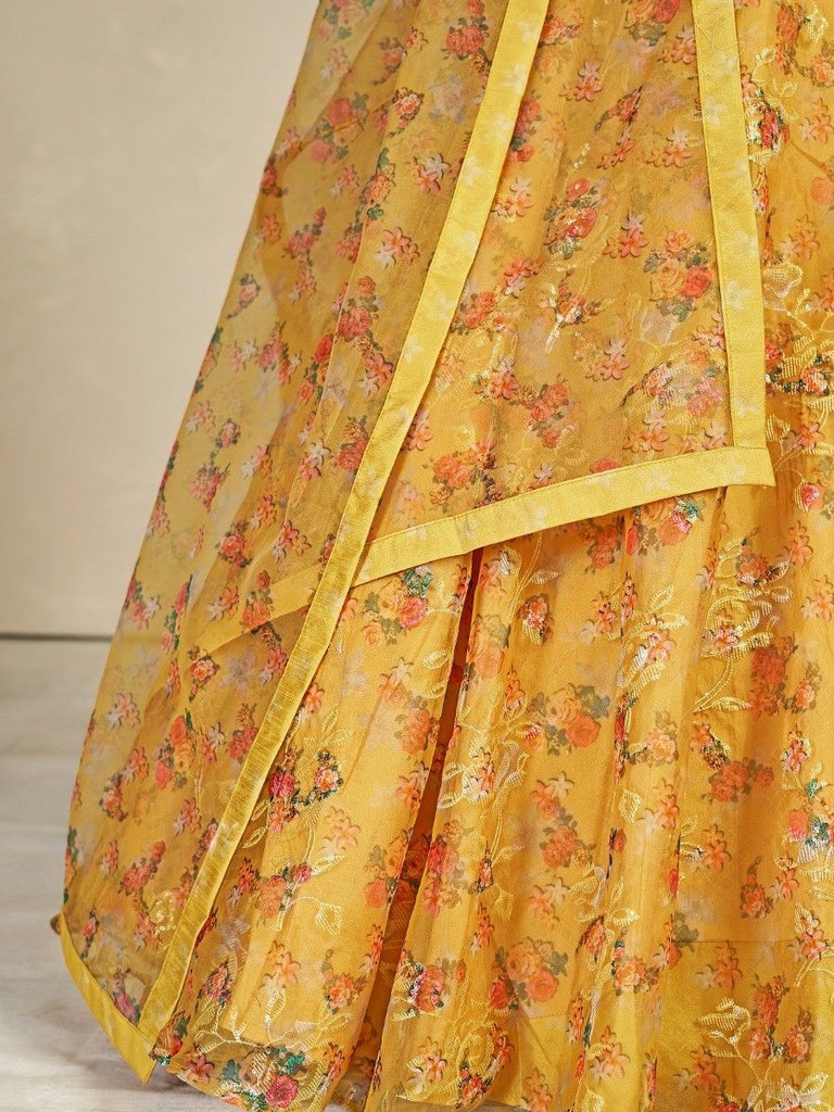 Mustard Organza Floral Lehenga Choli for Womens For Indian Festival & Weddings - Print Work, Mirror Work, Thread Embroidery Work Clothsvilla