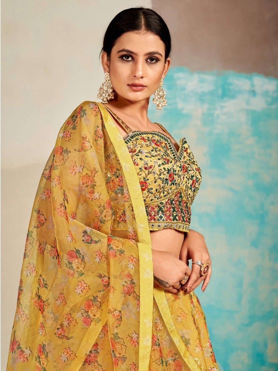 Mustard Organza Floral Lehenga Choli for Womens For Indian Festival & Weddings - Print Work, Mirror Work, Thread Embroidery Work Clothsvilla