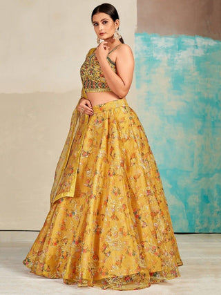 Mustard Organza Floral Lehenga Choli for Womens For Indian Festival & Weddings - Print Work, Mirror Work, Thread Embroidery Work Clothsvilla
