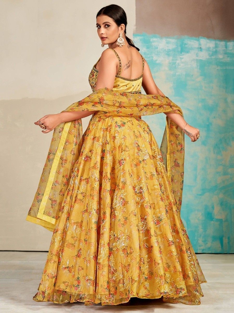 Mustard Organza Floral Lehenga Choli for Womens For Indian Festival & Weddings - Print Work, Mirror Work, Thread Embroidery Work Clothsvilla