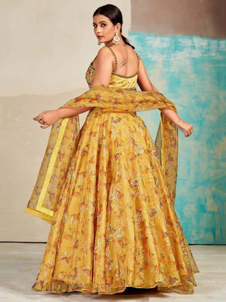 Mustard Organza Floral Lehenga Choli for Womens For Indian Festival & Weddings - Print Work, Mirror Work, Thread Embroidery Work Clothsvilla
