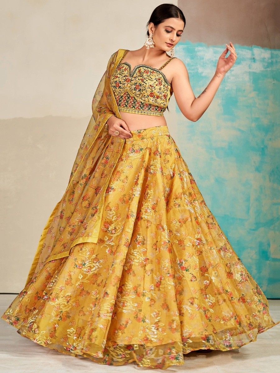 Mustard Organza Floral Lehenga Choli for Womens For Indian Festival & Weddings - Print Work, Mirror Work, Thread Embroidery Work Clothsvilla