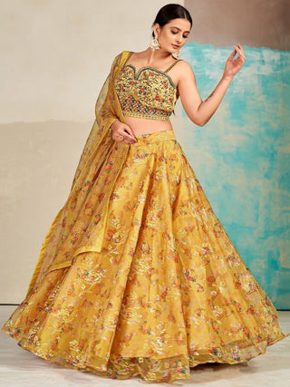 Mustard Organza Floral Lehenga Choli for Womens For Indian Festival & Weddings - Print Work, Mirror Work, Thread Embroidery Work Clothsvilla