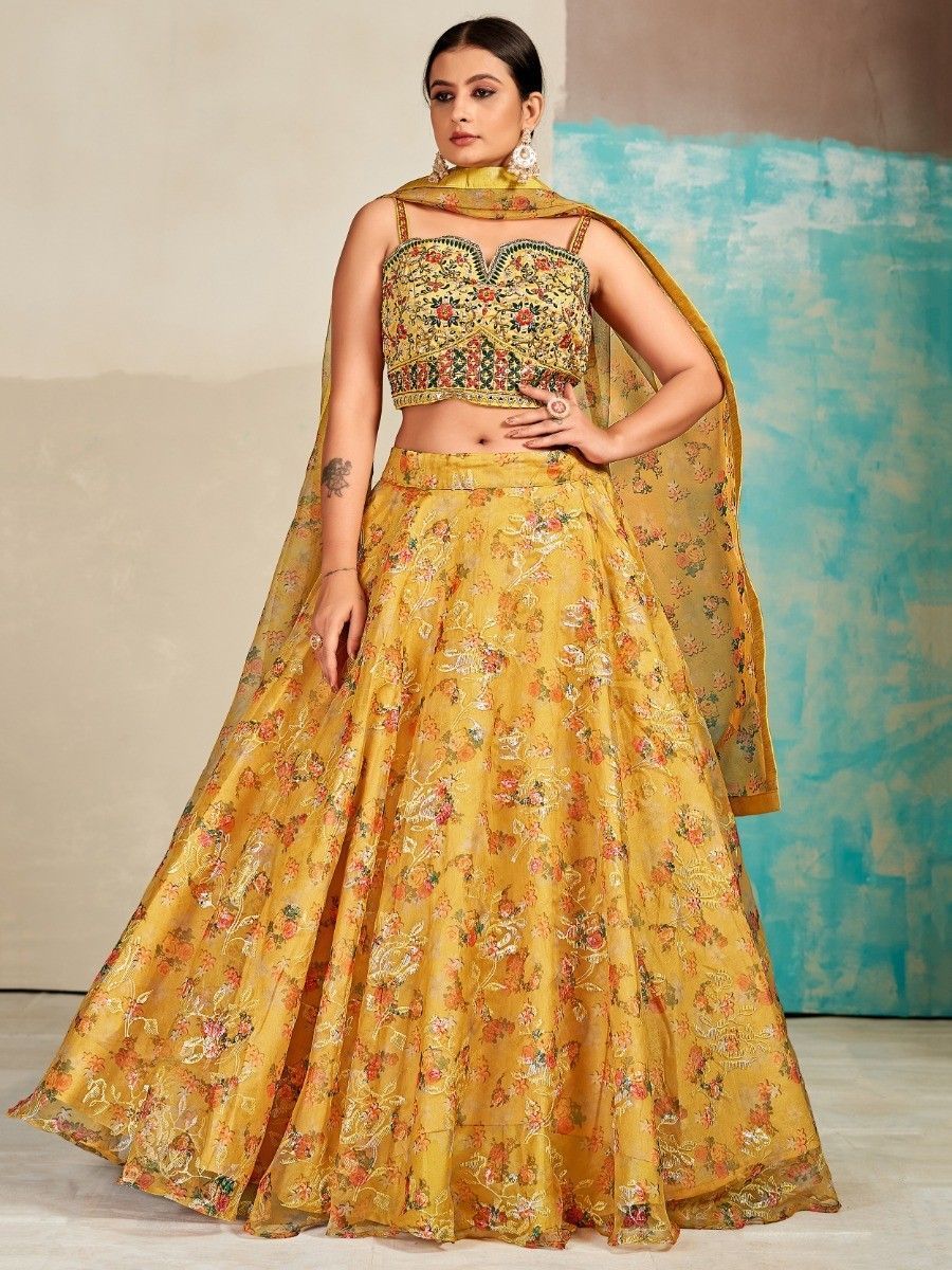 Mustard Organza Floral Lehenga Choli for Womens For Indian Festival & Weddings - Print Work, Mirror Work, Thread Embroidery Work Clothsvilla