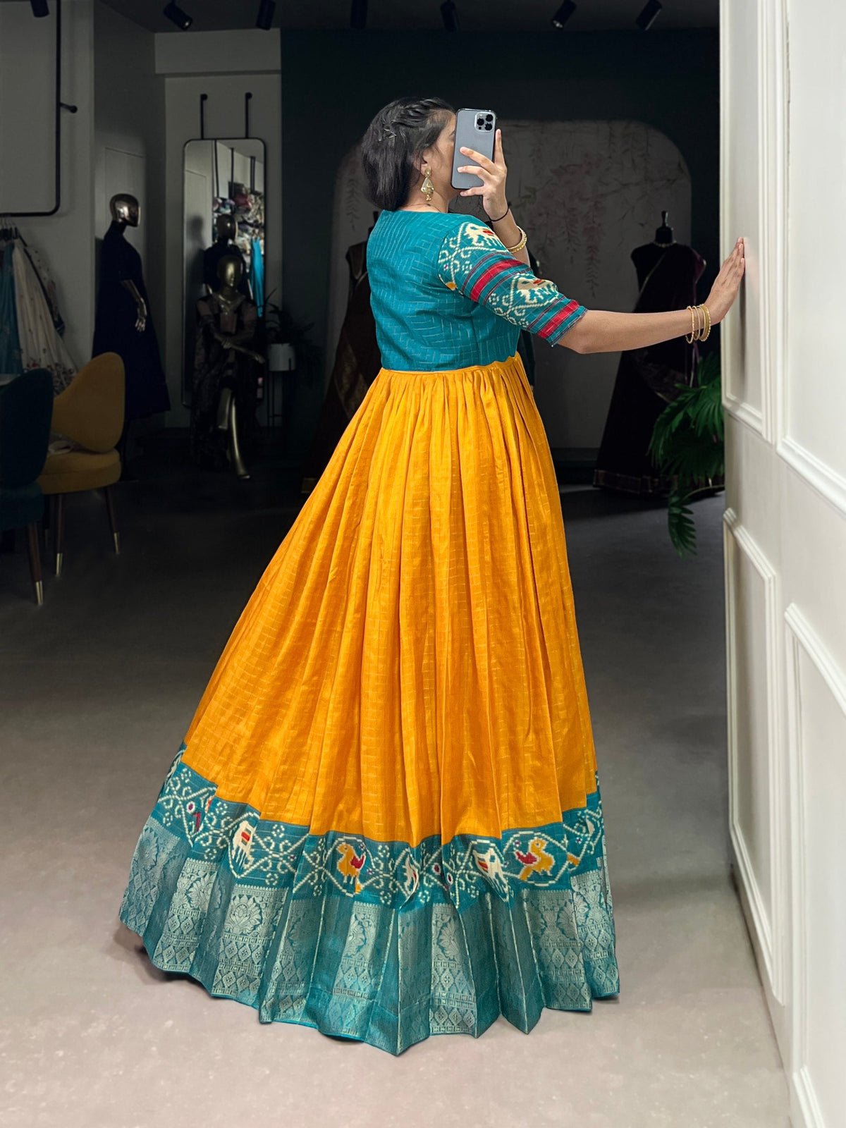 Mustard Patola Print Tasar Chex Gown with Matching Koti – Stitched Ethnic Wear Set with Weaving Border & Micro Cotton Lining ClothsVilla