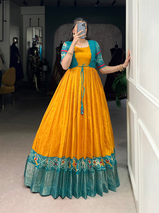 Mustard Patola Print Tasar Chex Gown with Matching Koti – Stitched Ethnic Wear Set with Weaving Border & Micro Cotton Lining ClothsVilla