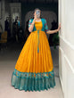 Load image into Gallery viewer, Mustard Patola Print Tasar Chex Gown with Matching Koti – Stitched Ethnic Wear Set with Weaving Border &amp; Micro Cotton Lining ClothsVilla