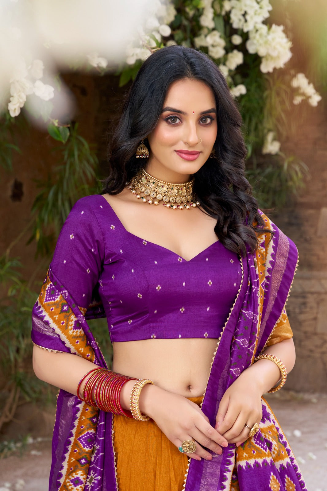 Mustard Patola Print Tussar Silk Lehenga Set with Gotta Patti Dupatta ClothsVilla