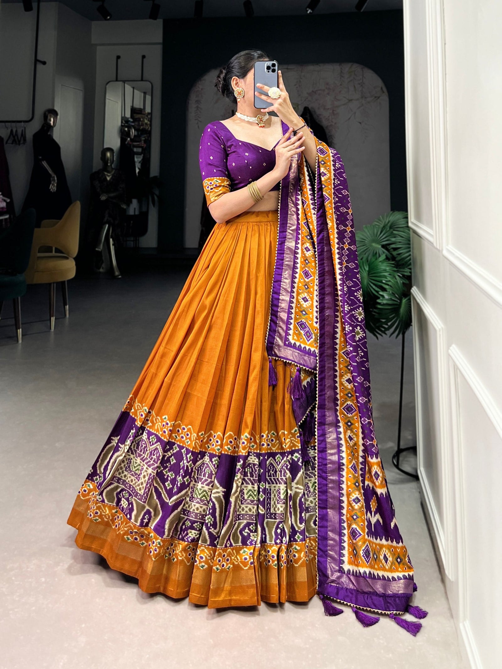 Mustard Patola Print Tussar Silk Lehenga Set with Gotta Patti Dupatta ClothsVilla