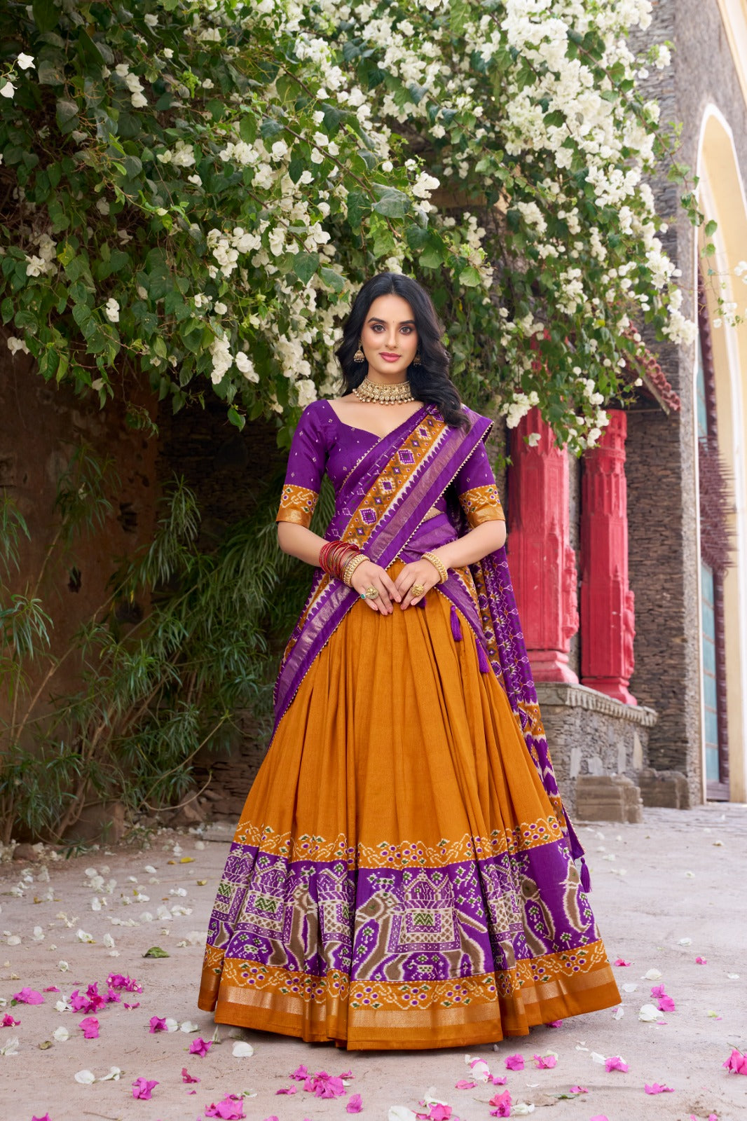 Mustard Patola Print Tussar Silk Lehenga Set with Gotta Patti Dupatta ClothsVilla Main image