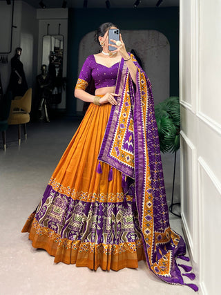 Mustard Patola Print Tussar Silk Lehenga Set with Gotta Patti Dupatta ClothsVilla