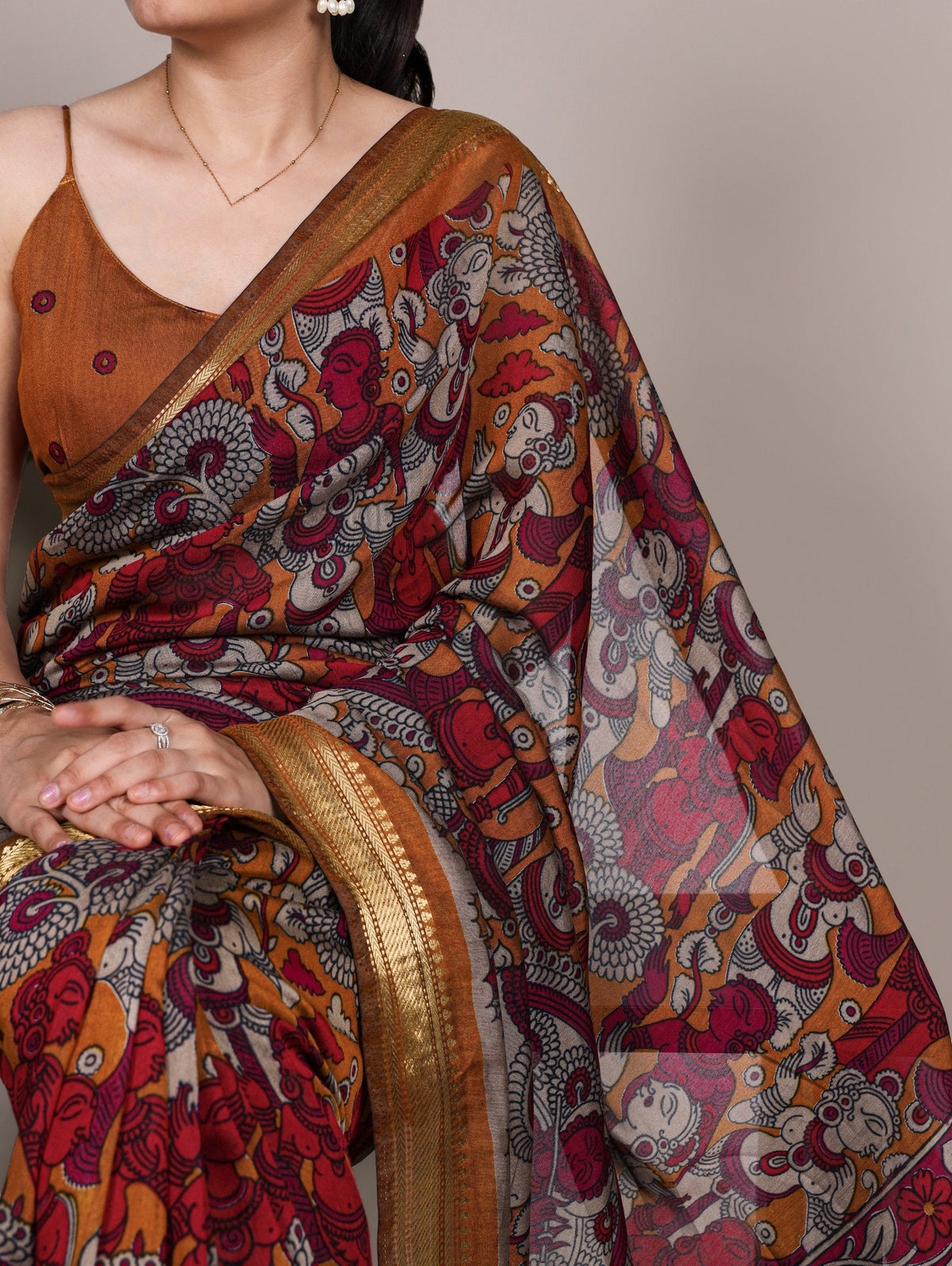 Mustard Polyester Kalamkari Print Saree ClothsVilla