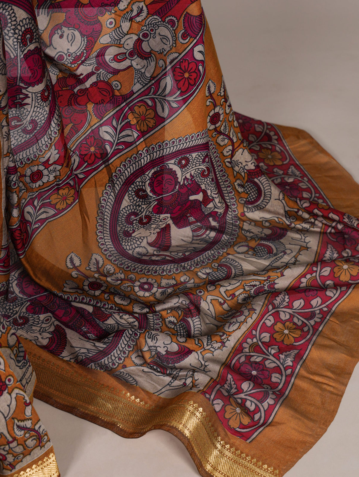 Mustard Polyester Kalamkari Print Saree ClothsVilla