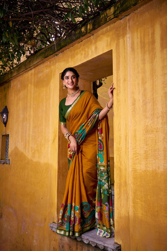 Mustard Polyester Viscose Chanderi Saree with Kalamkari Print & Zari Weaving ClothsVilla