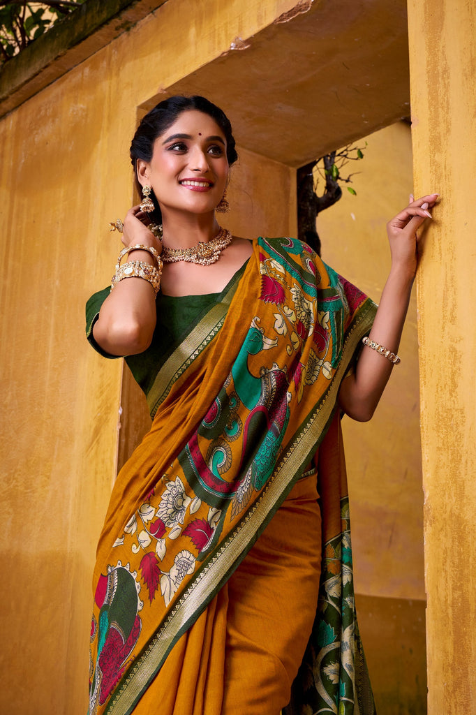 Mustard Polyester Viscose Chanderi Saree with Kalamkari Print & Zari Weaving ClothsVilla