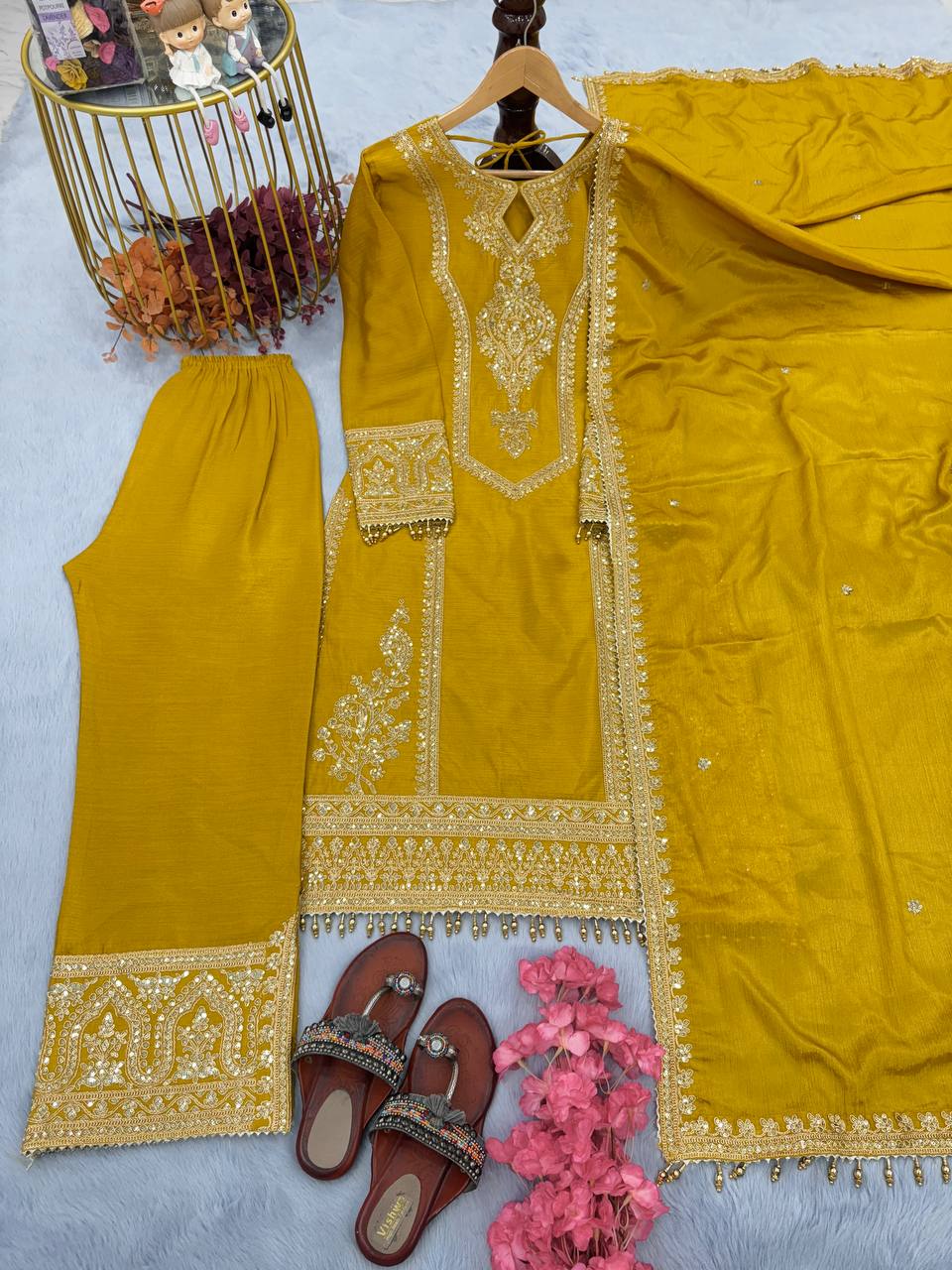 Mustard Premium Designer Ready-to-Wear Top, Plazzo & Dupatta Set Clothsvilla Main image