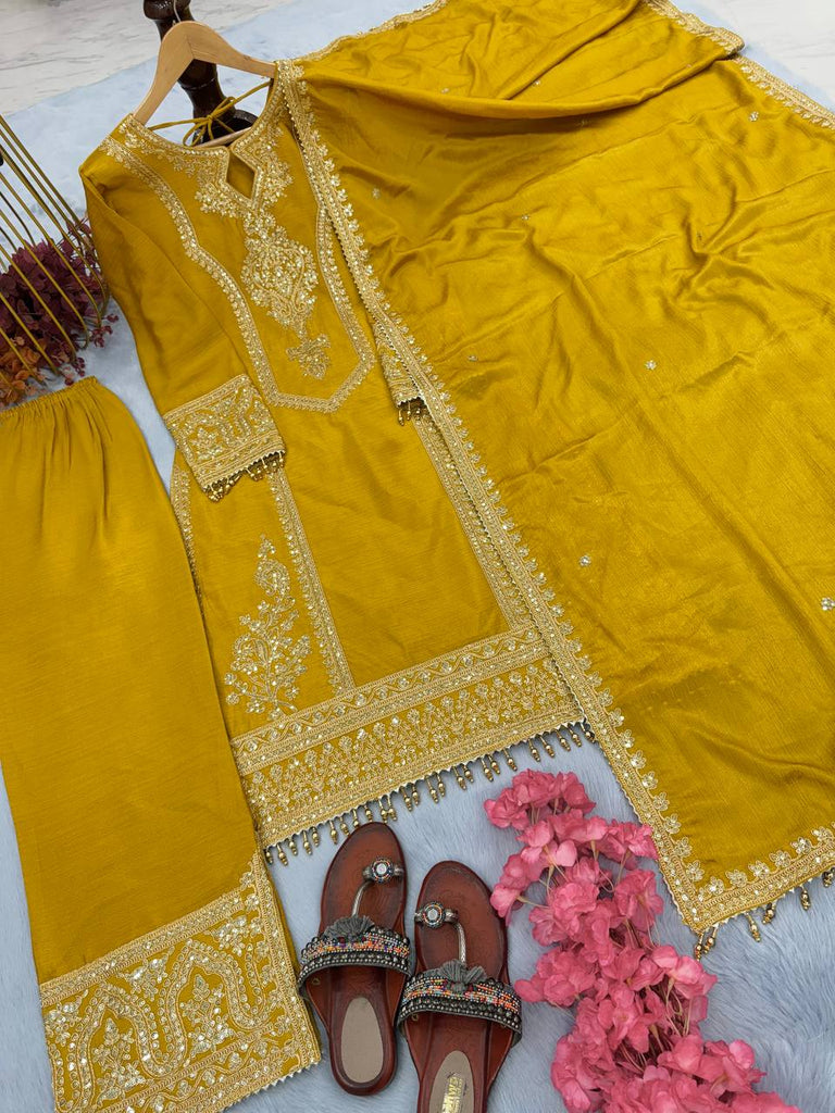 Mustard Premium Designer Ready-to-Wear Top, Plazzo & Dupatta Set Clothsvilla