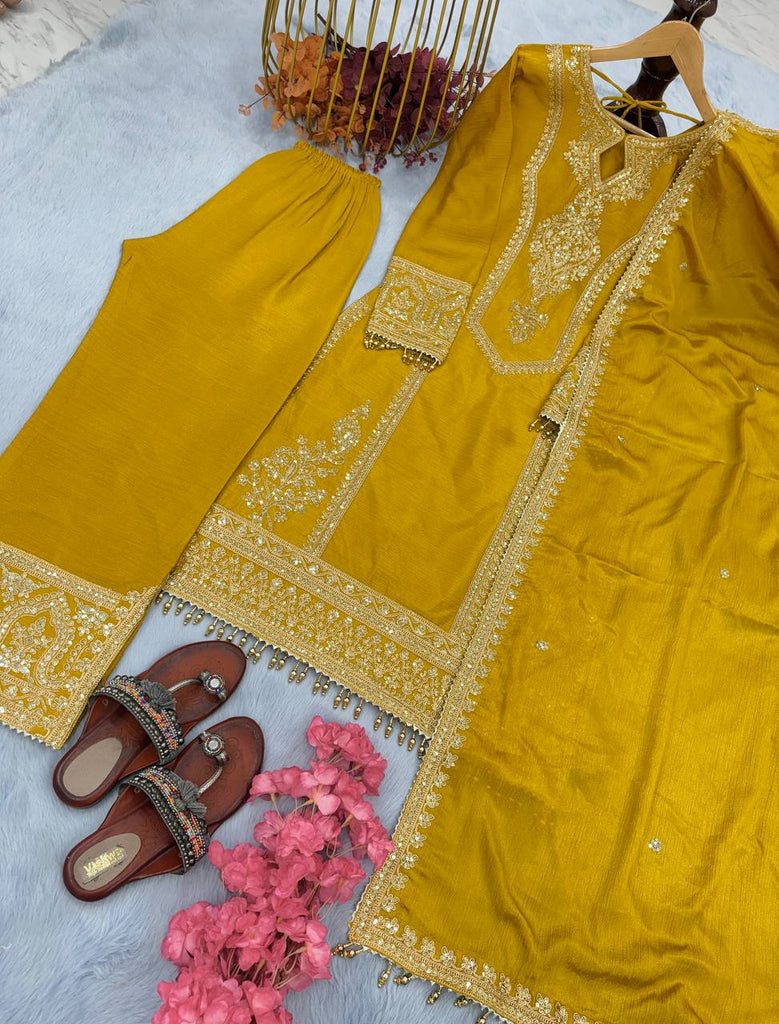 Mustard Premium Designer Ready-to-Wear Top, Plazzo & Dupatta Set Clothsvilla