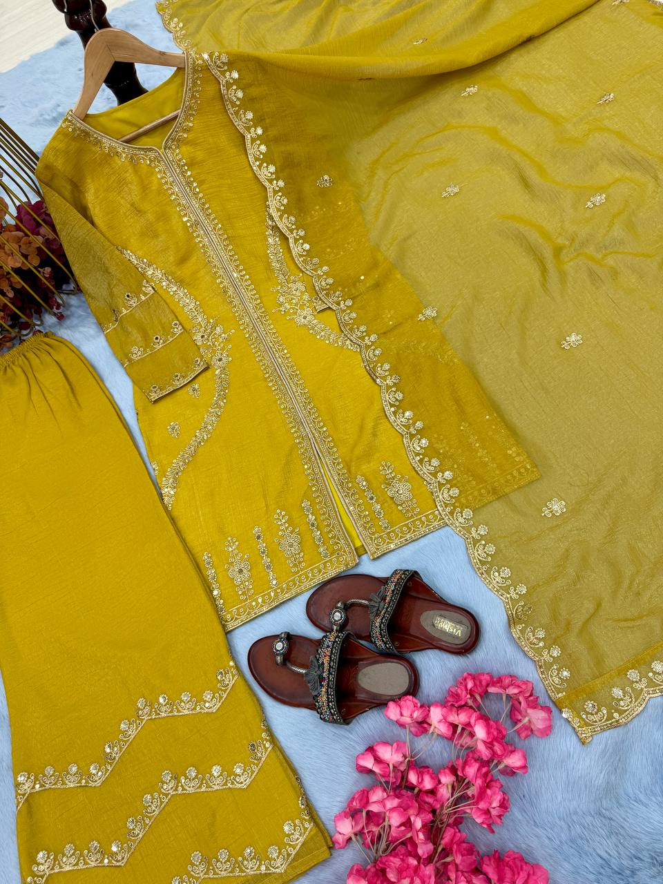 Mustard Premium Designer Readymade Top, Plazzo & Dupatta Collection – Party Wear Edition ClothsVilla