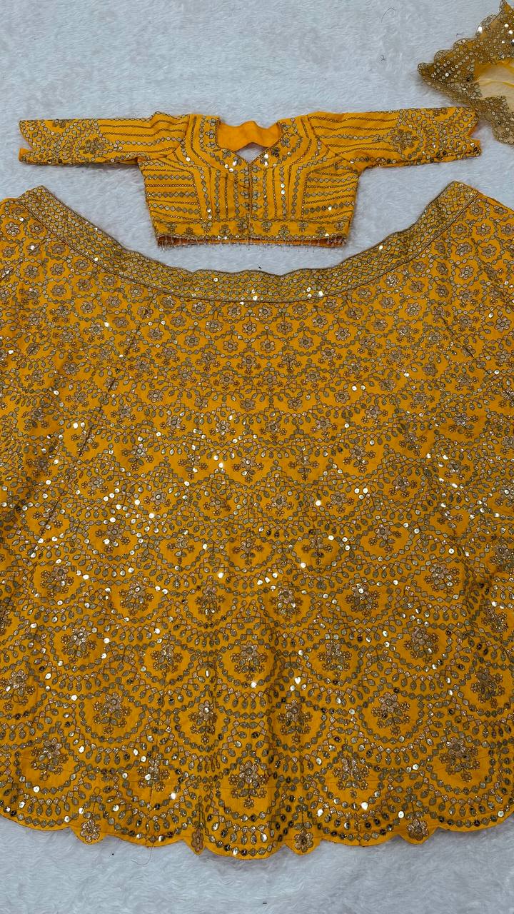 Mustard Premium Heavy Thai Silk Lehenga Set with Sequins & Dori Work ClothsVilla