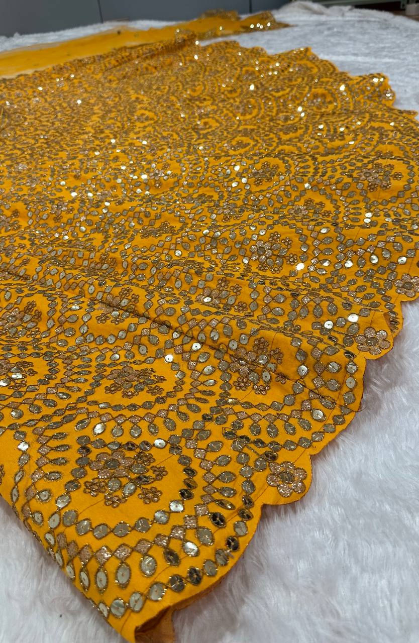 Mustard Premium Heavy Thai Silk Lehenga Set with Sequins & Dori Work ClothsVilla