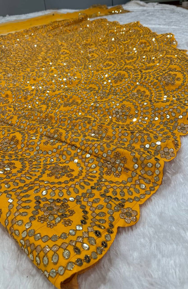 Mustard Premium Heavy Thai Silk Lehenga Set with Sequins & Dori Work ClothsVilla