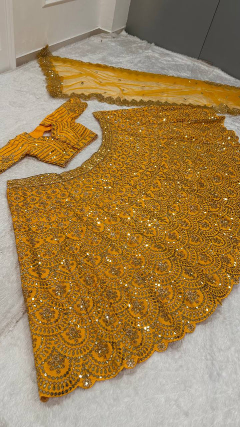 Mustard Premium Heavy Thai Silk Lehenga Set with Sequins & Dori Work ClothsVilla Main image
