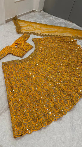 Mustard Premium Heavy Thai Silk Lehenga Set with Sequins & Dori Work ClothsVilla
