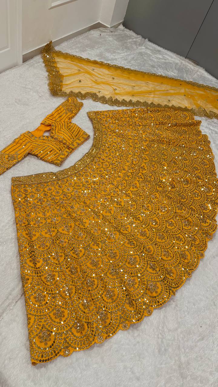 Mustard Premium Heavy Thai Silk Lehenga Set with Sequins & Dori Work ClothsVilla
