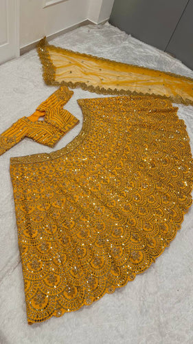 Mustard Premium Heavy Thai Silk Lehenga Set with Sequins & Dori Work ClothsVilla