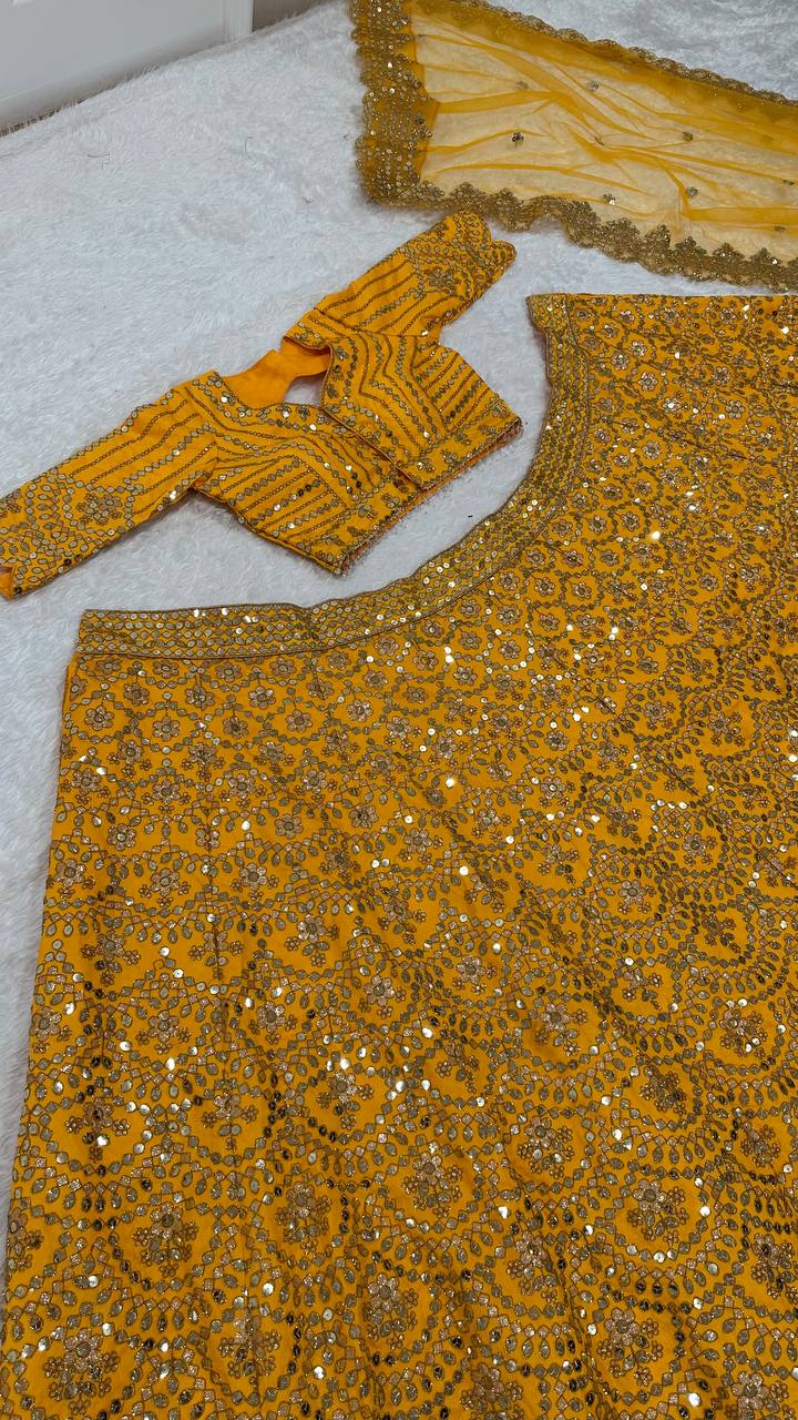 Mustard Premium Heavy Thai Silk Lehenga Set with Sequins & Dori Work ClothsVilla
