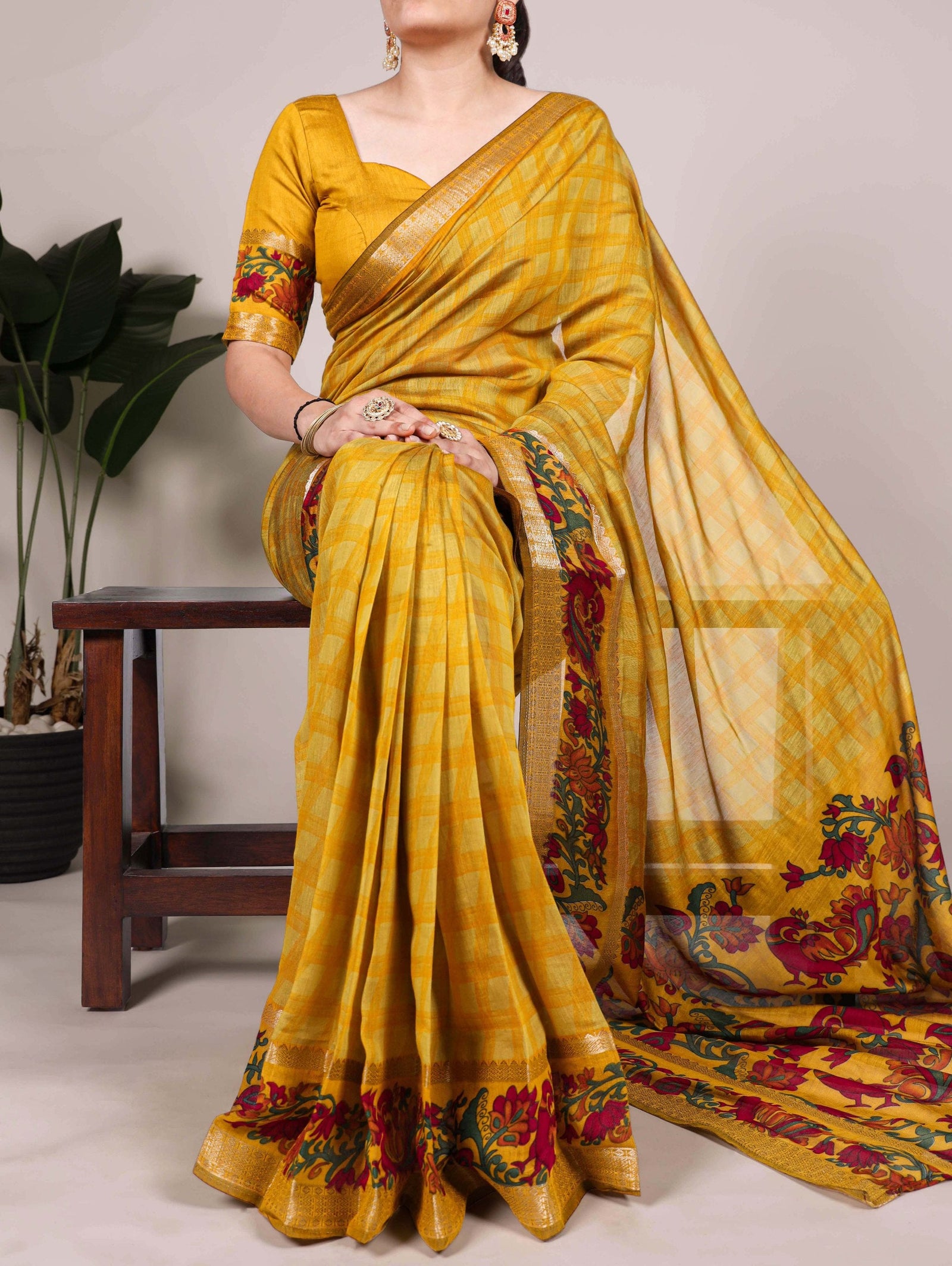 Mustard Printed Chanderi Saree with Zari Weaving Work Polyester Viscose Clothsvilla